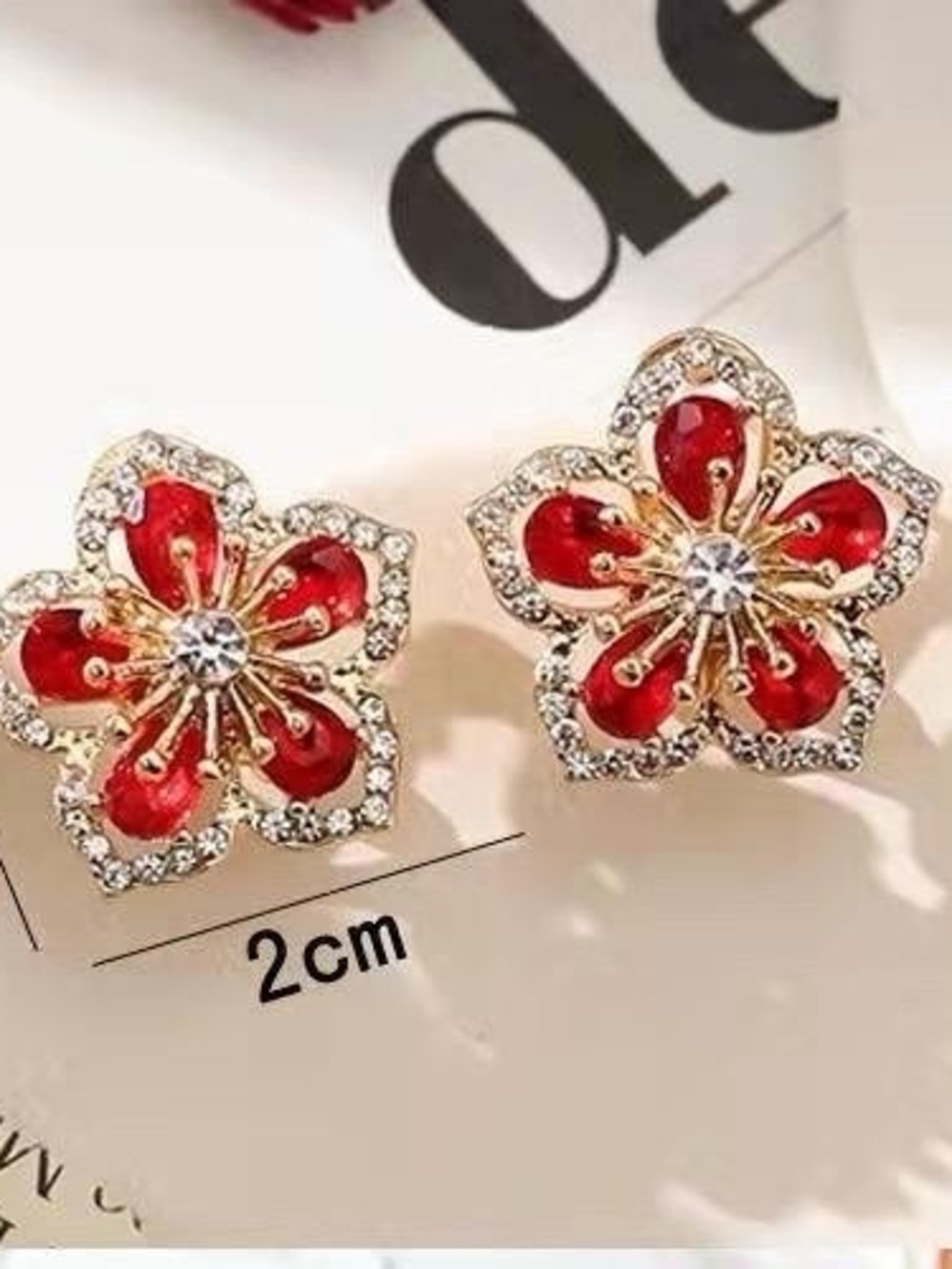 Red Floral Crystal Stud Earrings - Women's Jewelry
